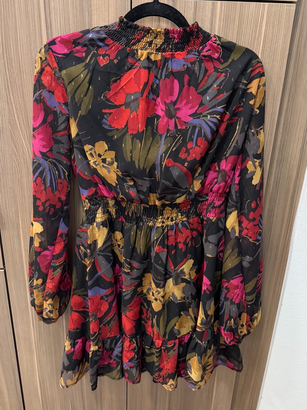Sadie & Sage Black Dress with Pink, Red and Mustard Floral Print